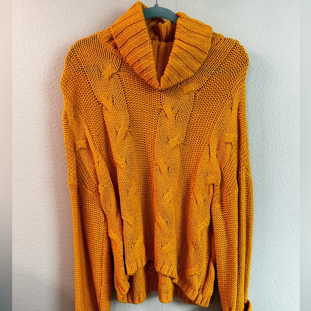 Turtleneck sweater, golden yellow, cable knit; size Medium